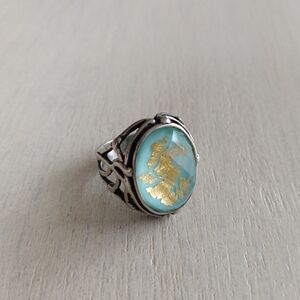 925 Sterling Silver Turquoise Gold Leaf Faceted Quartz Ring / Size 7